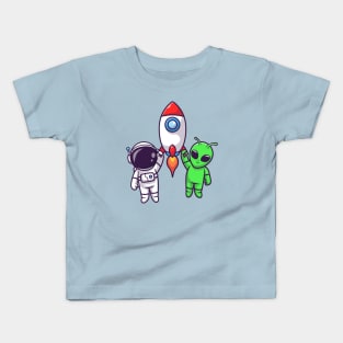 Cute Astronaut And Alien Flying With Rocket In Space Cartoon Kids T-Shirt